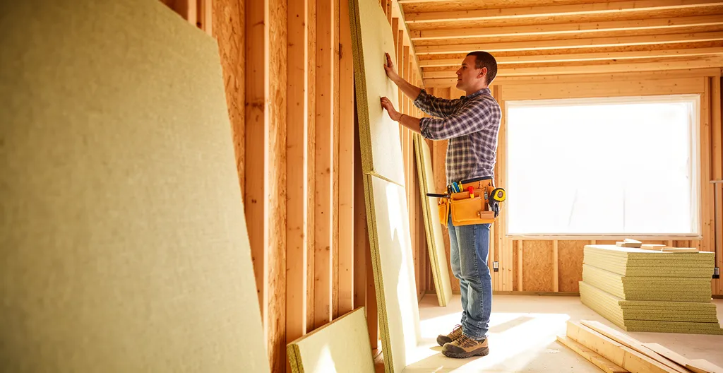 Artisan installant de l'isolation thermique dans une pièce en rénovation
