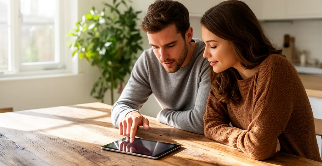 Couple examinant ensemble une tablette pour comparer des options de financement
