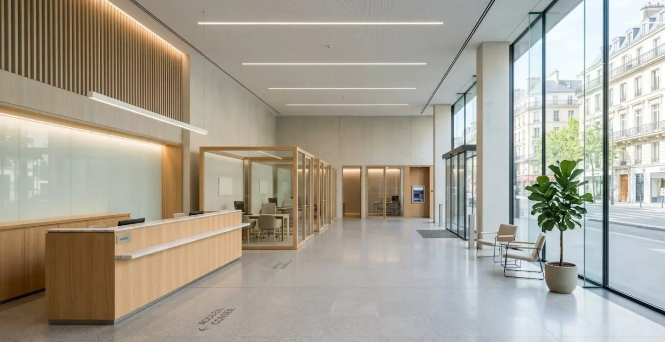 Intérieur d'une agence bancaire moderne et vide avec architecture contemporaine et grande luminosité naturelle