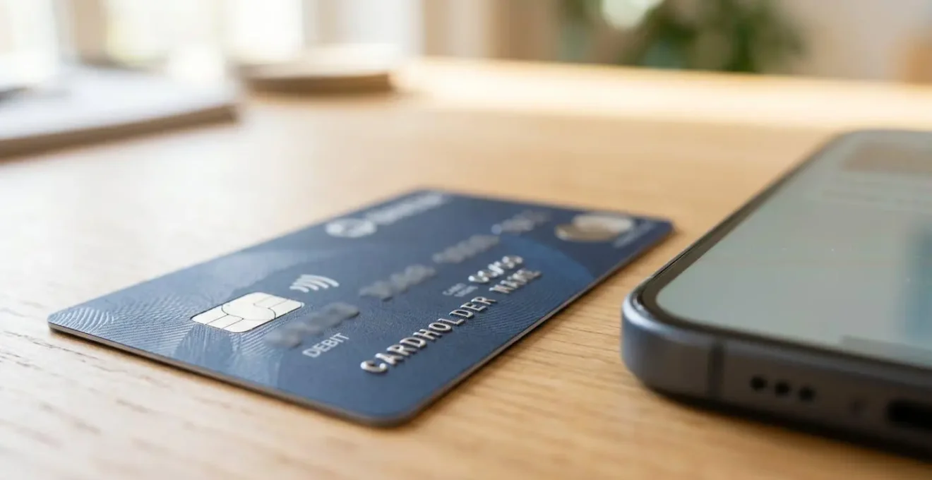 Gros plan sur une carte bancaire et un smartphone posés sur un bureau contemporain avec lumière naturelle
