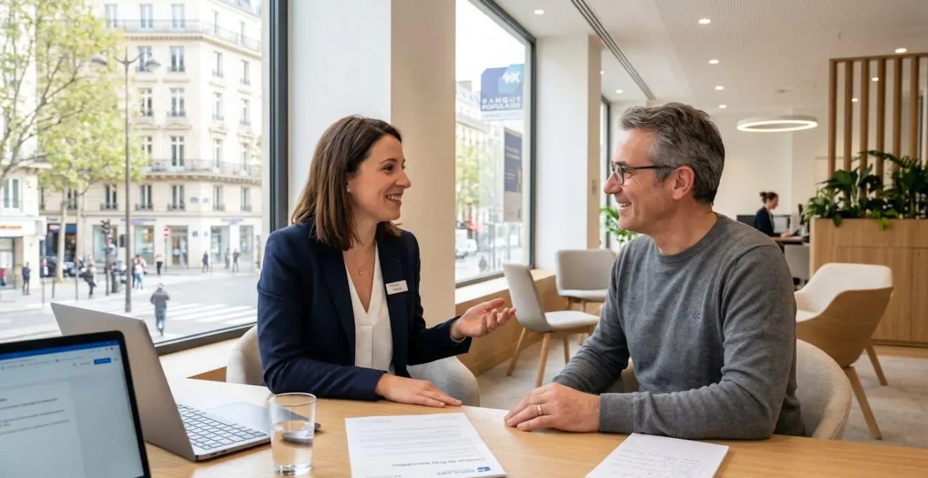 Conseiller bancaire et client en conversation naturelle dans une agence bancaire contemporaine lumineuse