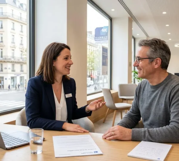 Conseiller bancaire et client en conversation naturelle dans une agence bancaire contemporaine lumineuse