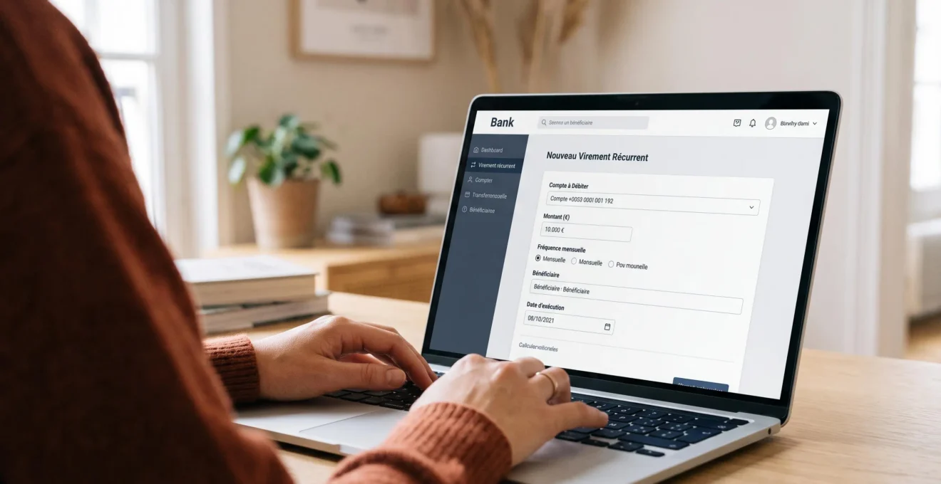 Interface de banque en ligne française affichant le formulaire de paramétrage d'un virement programmé récurrent