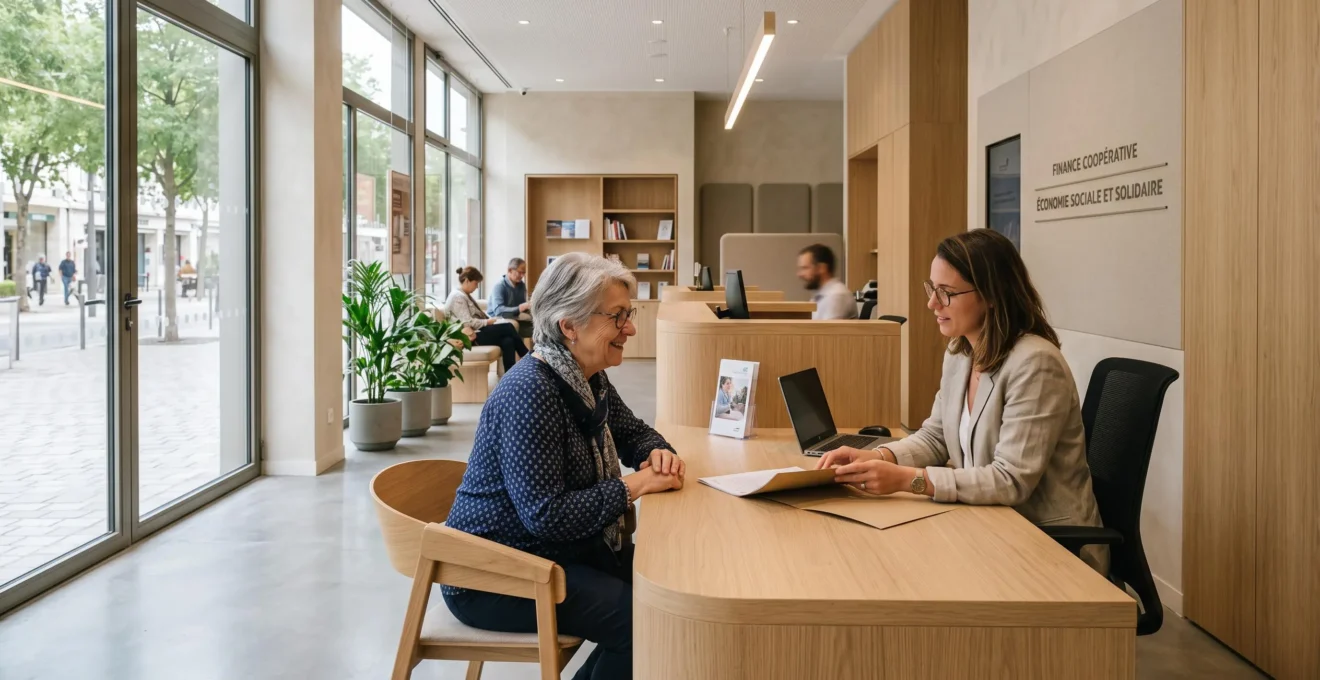 Intérieur d'agence bancaire coopérative française moderne avec espace accueil lumineux et affichage valeurs économie sociale et solidaire