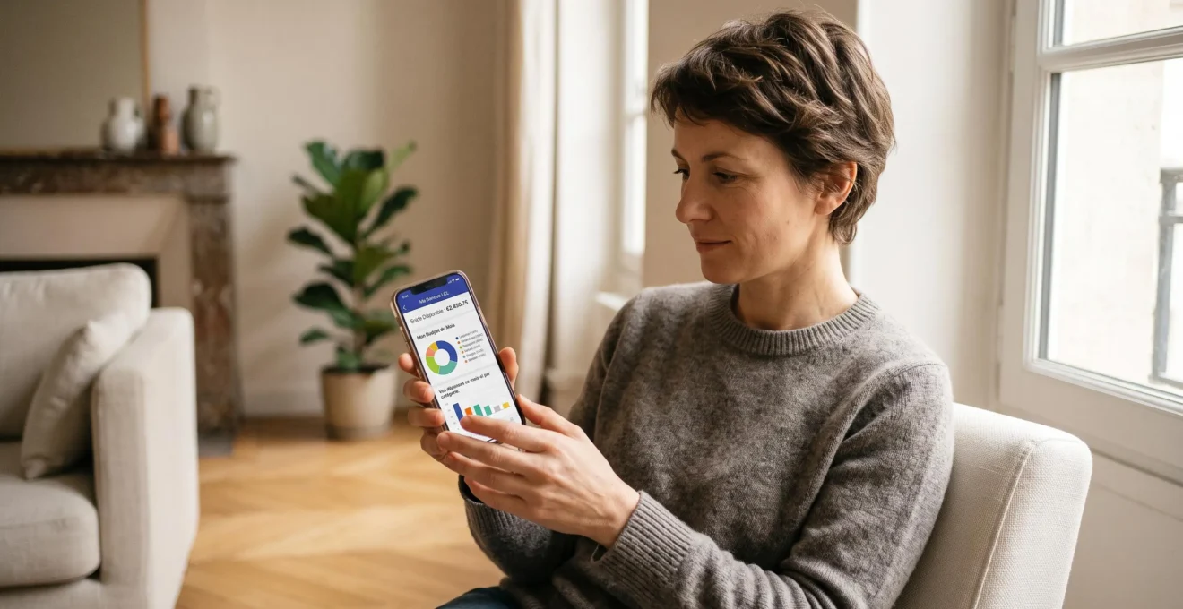 Personne consultant son application bancaire mobile sur smartphone dans un intérieur français moderne, graphique de budget visible à l'écran