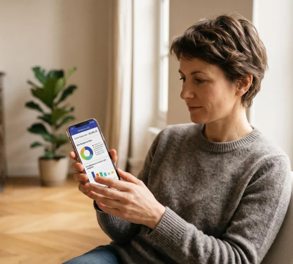 Personne consultant son application bancaire mobile sur smartphone dans un intérieur français moderne, graphique de budget visible à l'écran