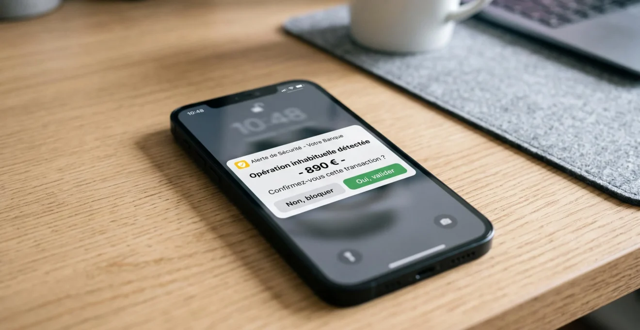 Smartphone affichant une notification d'alerte bancaire de sécurité en français signalant une opération inhabituelle