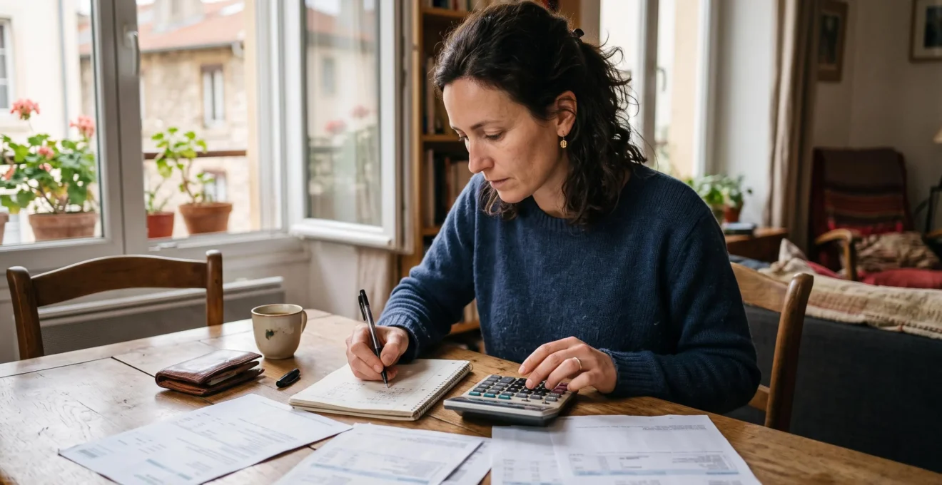 Une personne utilise une calculatrice pour évaluer son budget mensuel et sa capacité de remboursement en consultant des documents financiers.