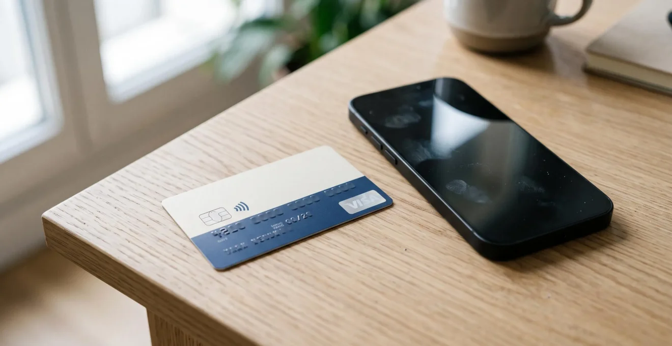 Une carte bancaire Visa et un smartphone moderne posés sur un bureau contemporain avec lumière naturelle