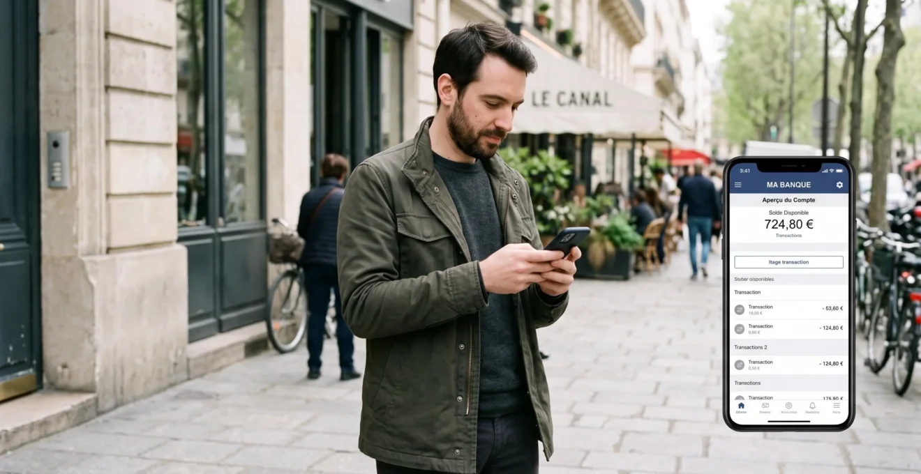 Personne consultant son application bancaire sur smartphone dans une rue urbaine française