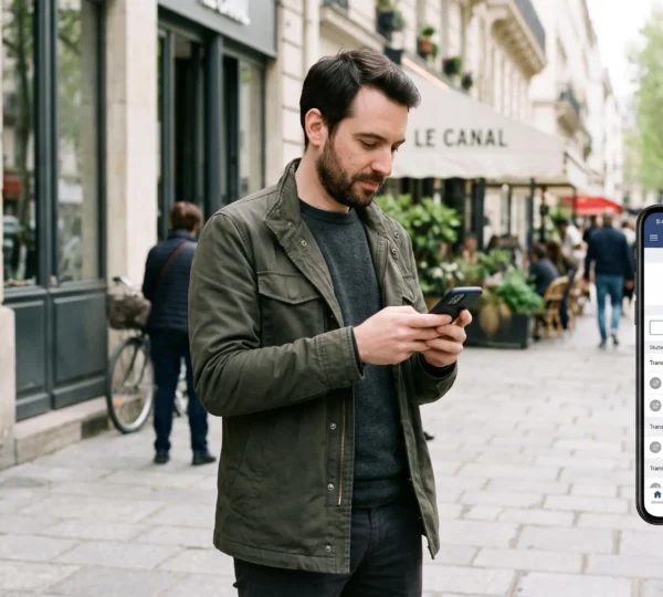 Personne consultant son application bancaire sur smartphone dans une rue urbaine française
