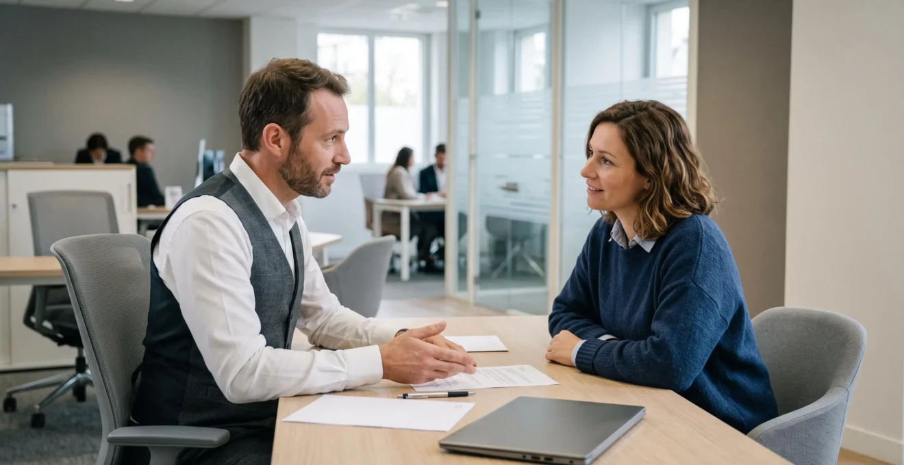 Conseiller bancaire en consultation avec un client dans une agence bancaire française moderne