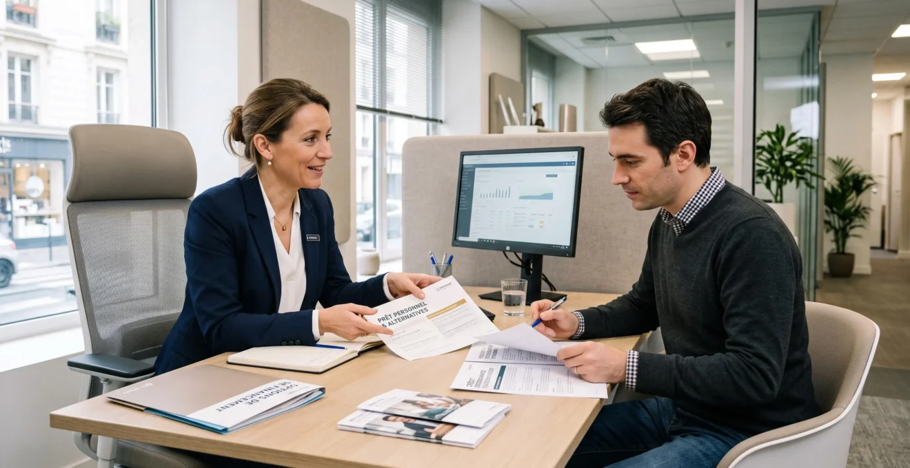 Un conseiller bancaire et un client discutent d'options de prêt personnel lors d'un rendez-vous dans un bureau d'agence bancaire.