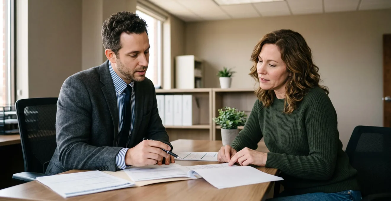 Conseiller bancaire expliquant des documents de crédit à un client lors d'une consultation dans un bureau professionnel