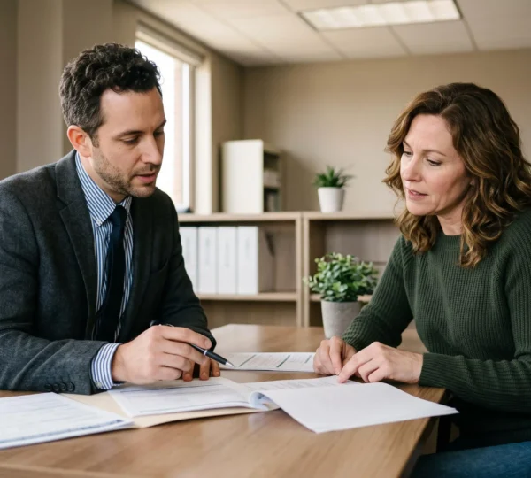 Conseiller bancaire expliquant des documents de crédit à un client lors d'une consultation dans un bureau professionnel