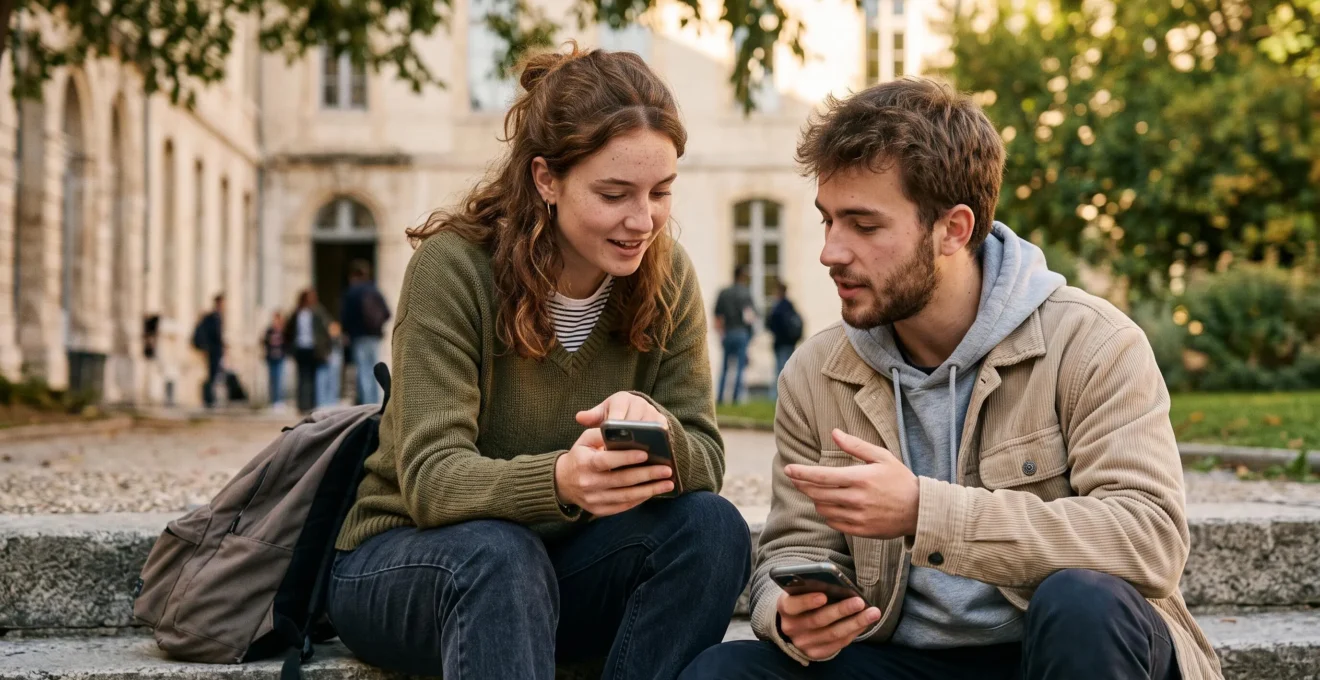 Deux jeunes étudiants comparant des offres bancaires ensemble sur un campus