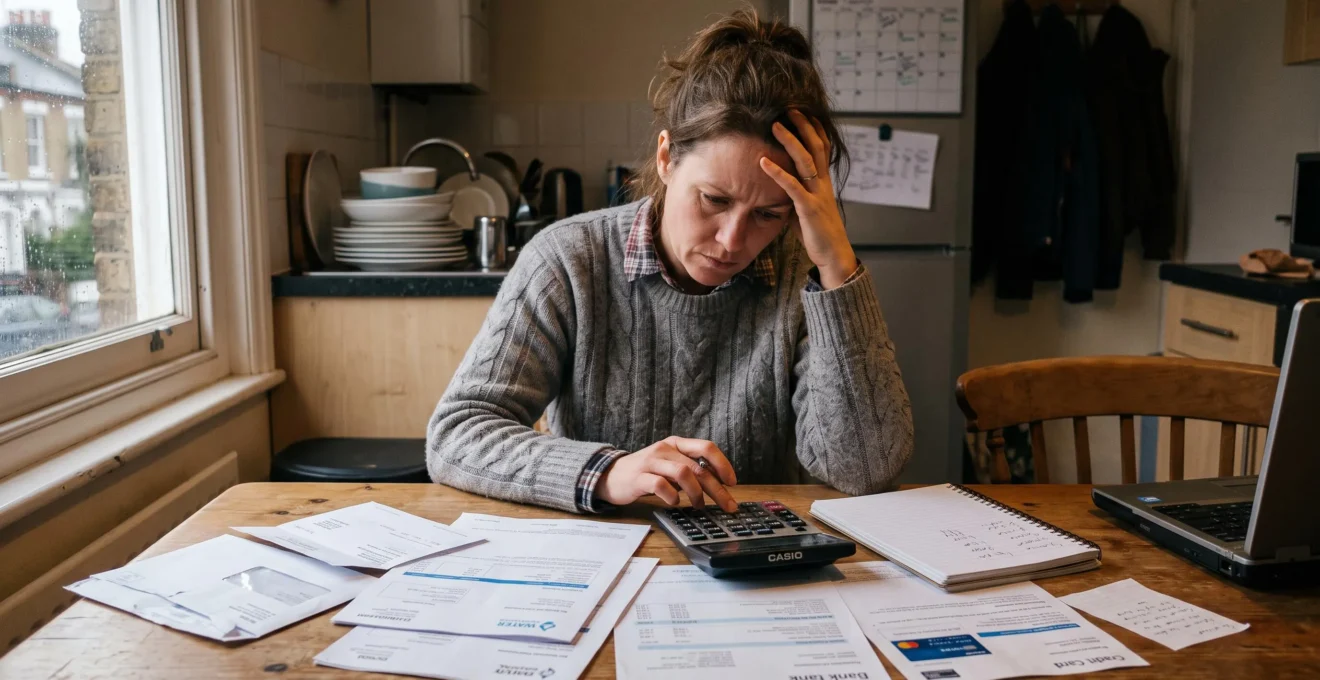Personne examinant plusieurs factures et relevés bancaires avec une calculatrice sur une table domestique