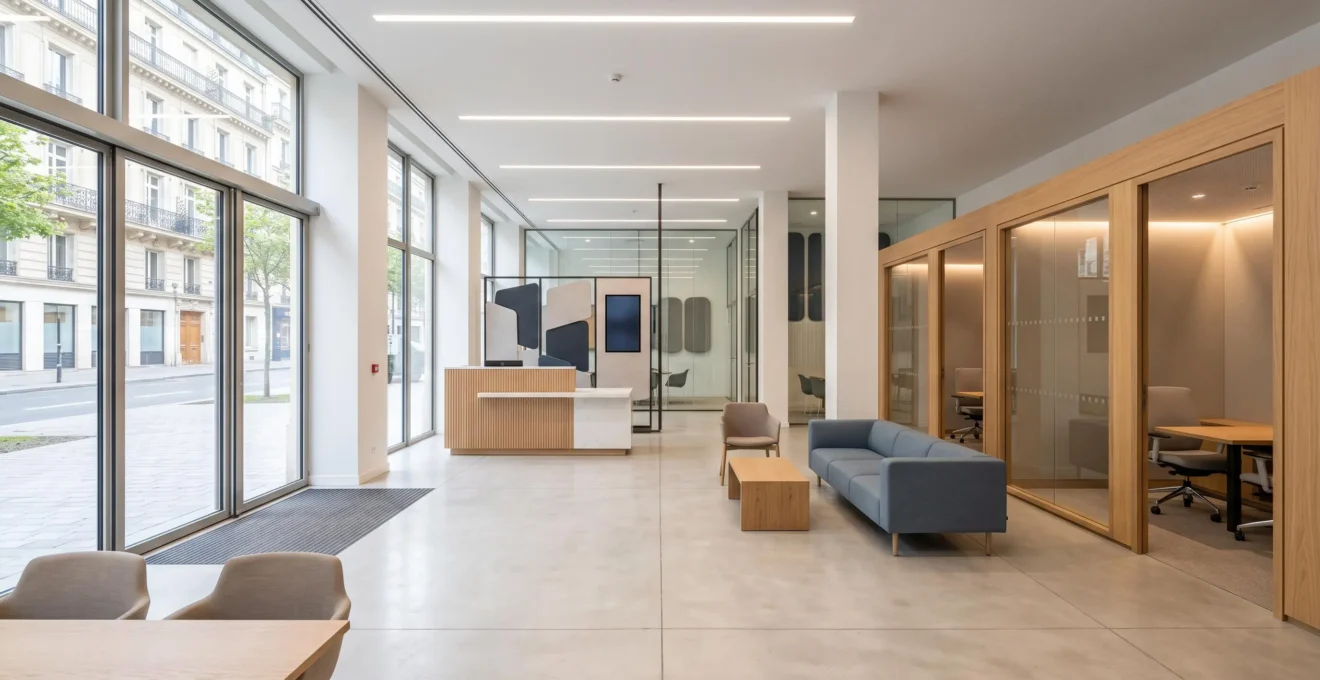 Intérieur d'une agence bancaire moderne en France avec grande luminosité naturelle, architecture contemporaine et espace vide