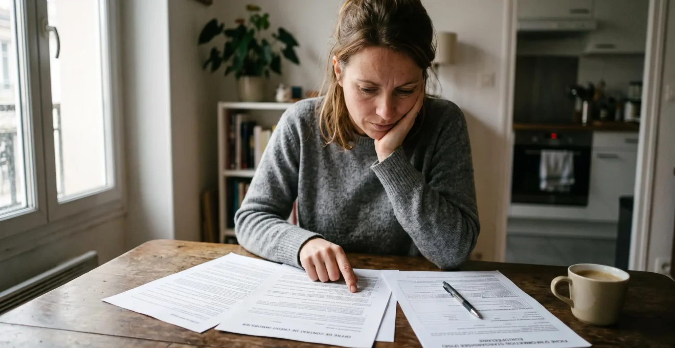 Une personne lit attentivement des documents contractuels et la fiche d'information standardisée d'un crédit à la consommation sur une table.
