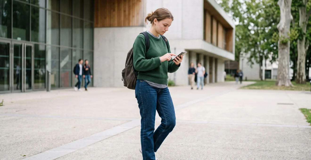 Étudiant utilisant son smartphone pour ouvrir un compte bancaire en ligne sur un campus universitaire