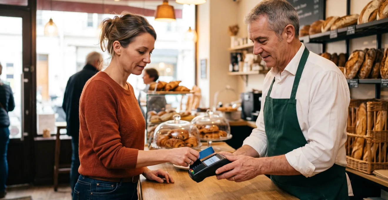 Client effectuant un paiement par carte bancaire dans un commerce de proximité français