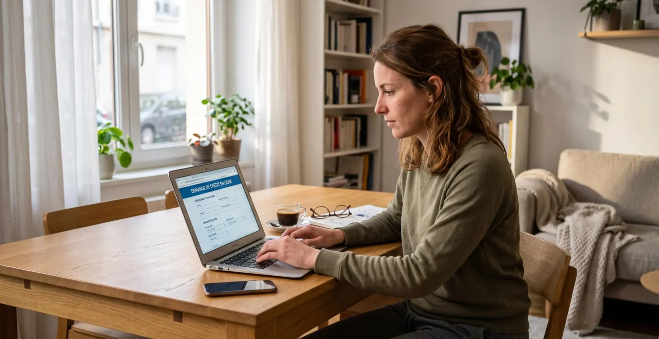 Une personne utilise un ordinateur portable pour remplir une demande de crédit en ligne à son domicile, assise à une table dans un intérieur contemporain.