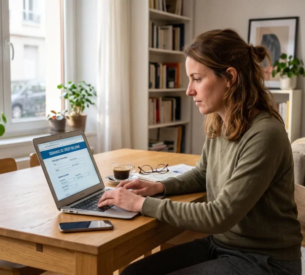 Une personne utilise un ordinateur portable pour remplir une demande de crédit en ligne à son domicile, assise à une table dans un intérieur contemporain.
