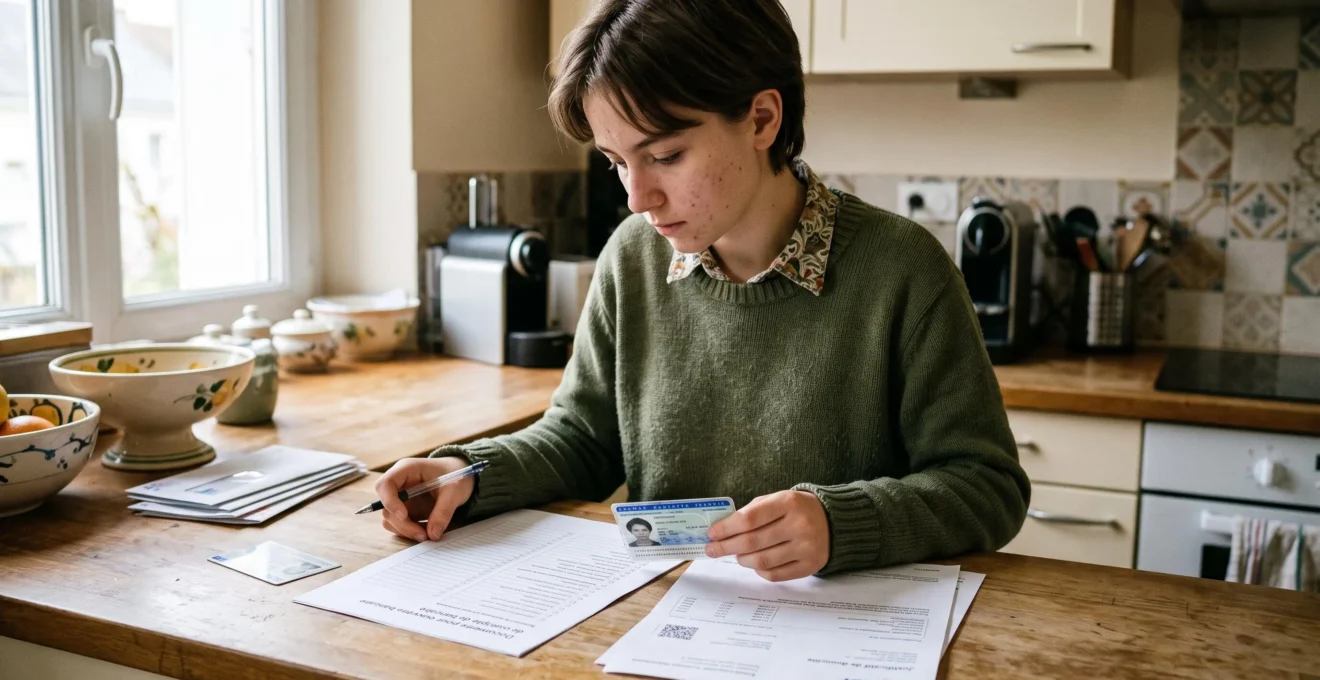 Jeune adolescent vérifiant ses documents d'identité à la maison pour ouverture de compte bancaire