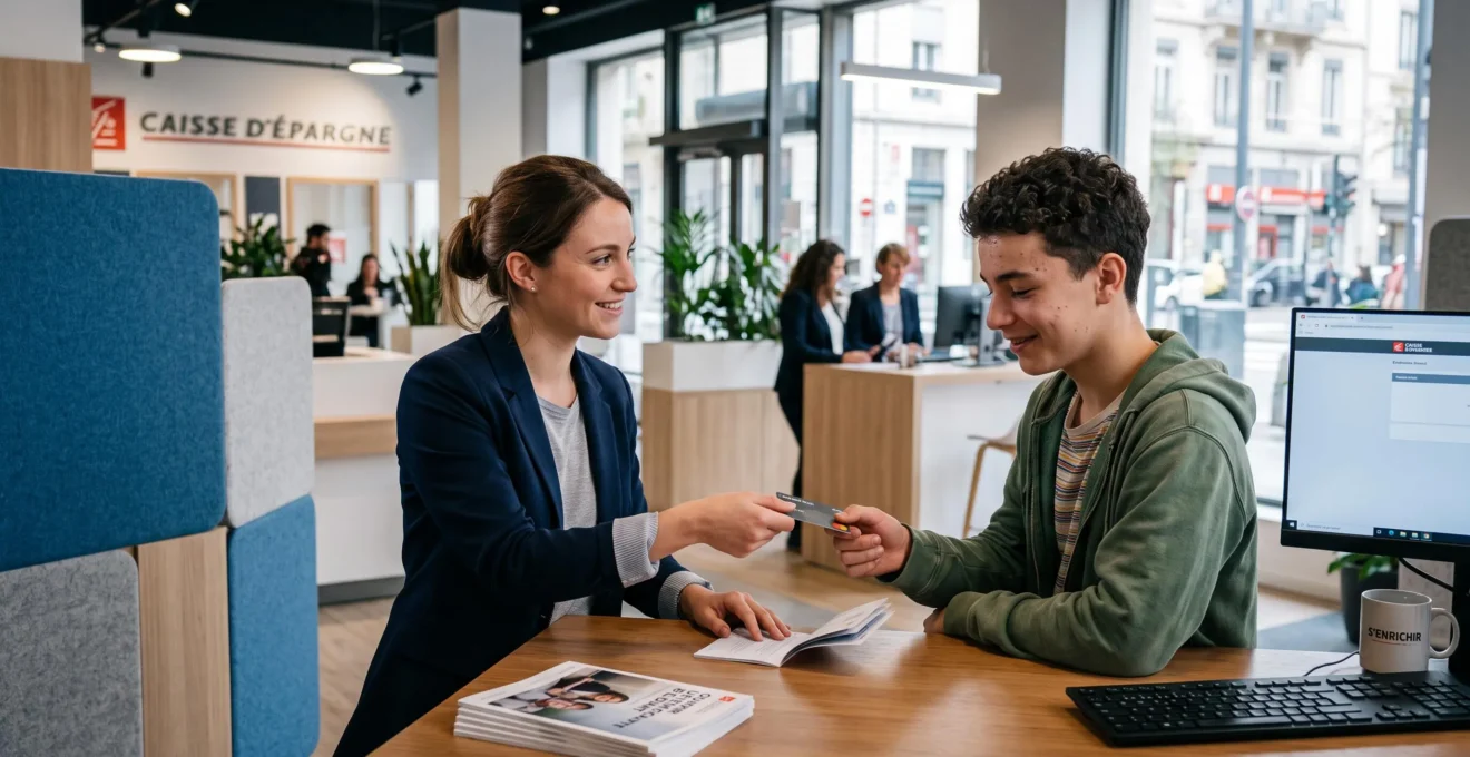 Conseiller bancaire remettant une carte bancaire à un jeune client dans une agence moderne