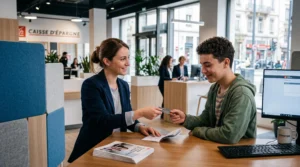 Conseiller bancaire remettant une carte bancaire à un jeune client dans une agence moderne