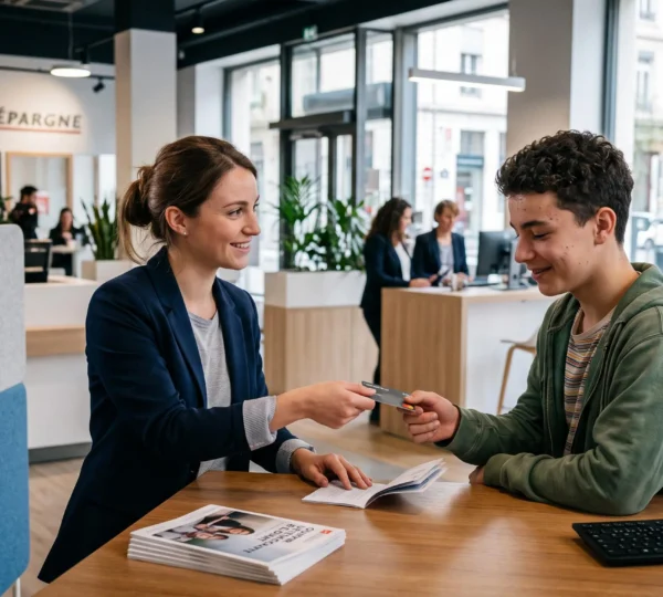Conseiller bancaire remettant une carte bancaire à un jeune client dans une agence moderne