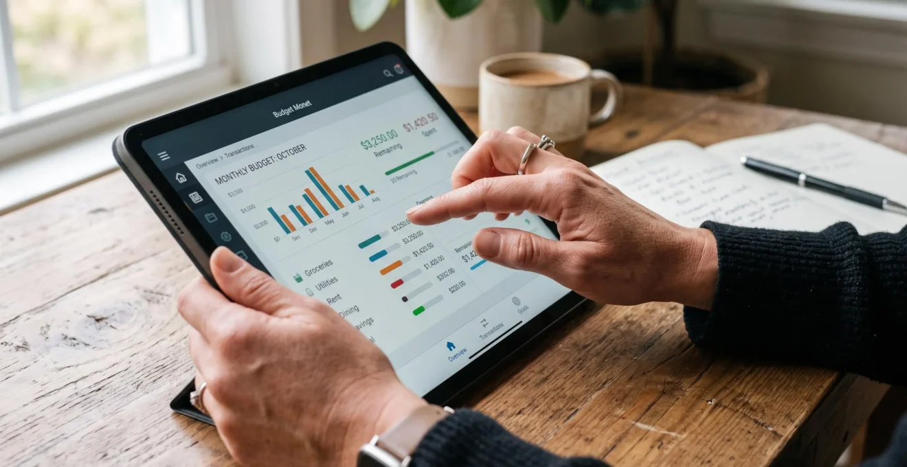 Mains utilisant une tablette numérique pour consulter un espace de gestion budgétaire et bancaire