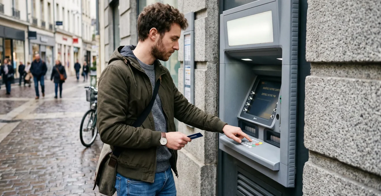 Personne utilisant un distributeur automatique bancaire dans un environnement urbain français