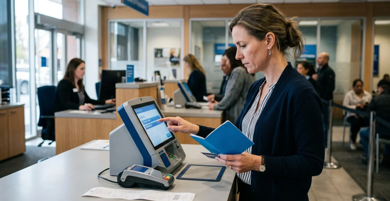 Une femme utilise un terminal en libre-service dans une agence bancaire tout en tenant un livret d'épargne.