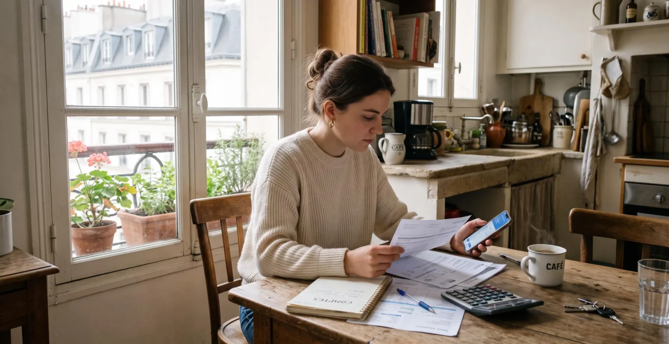 Une jeune femme compare des documents et son téléphone à la table de sa cuisine.