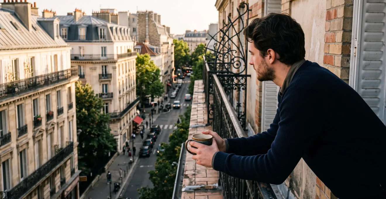 Un jeune homme réfléchit au balcon de son appartement en fin de journée.