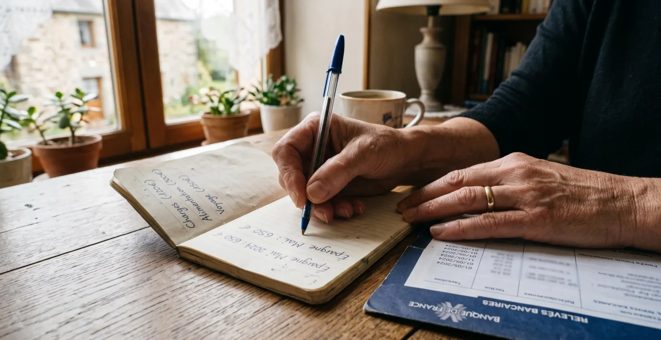Des mains notent un montant d'épargne dans un carnet sur un bureau.